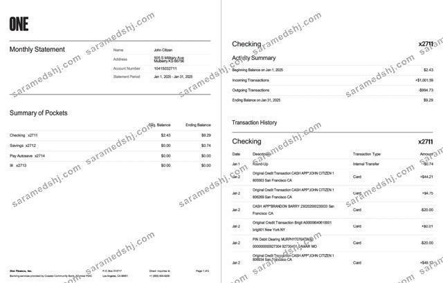 USA One Finance, Inc. bank statement Word and PDF template, 2 pages
